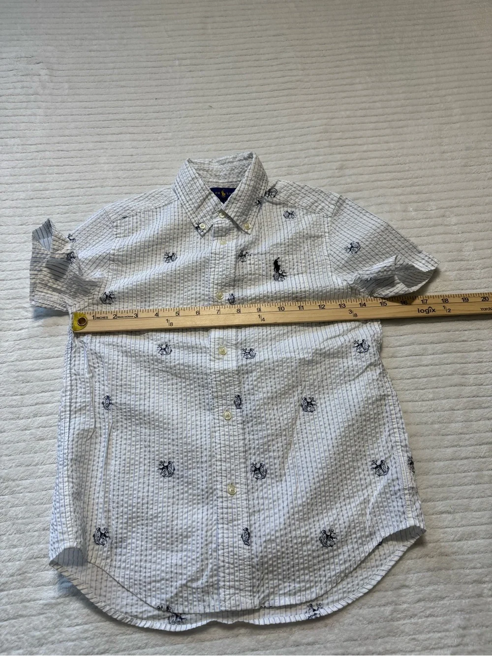 Ralph Lauren White Short-Sleeve Button-Down Shirt with Navy Motifs